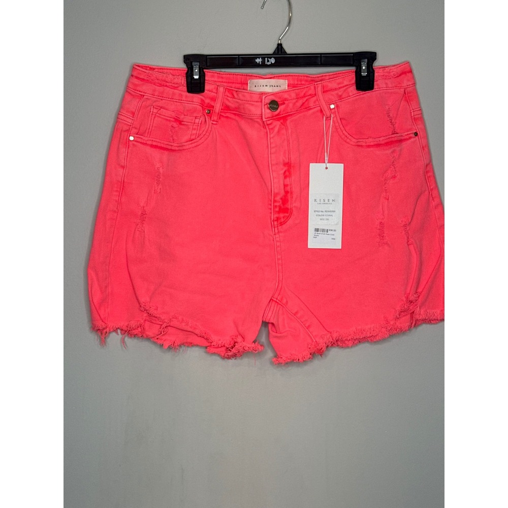 Risen Los Angeles Neon Coral Distressed Denim Shorts 2XL RDS6099X Frayed Hem